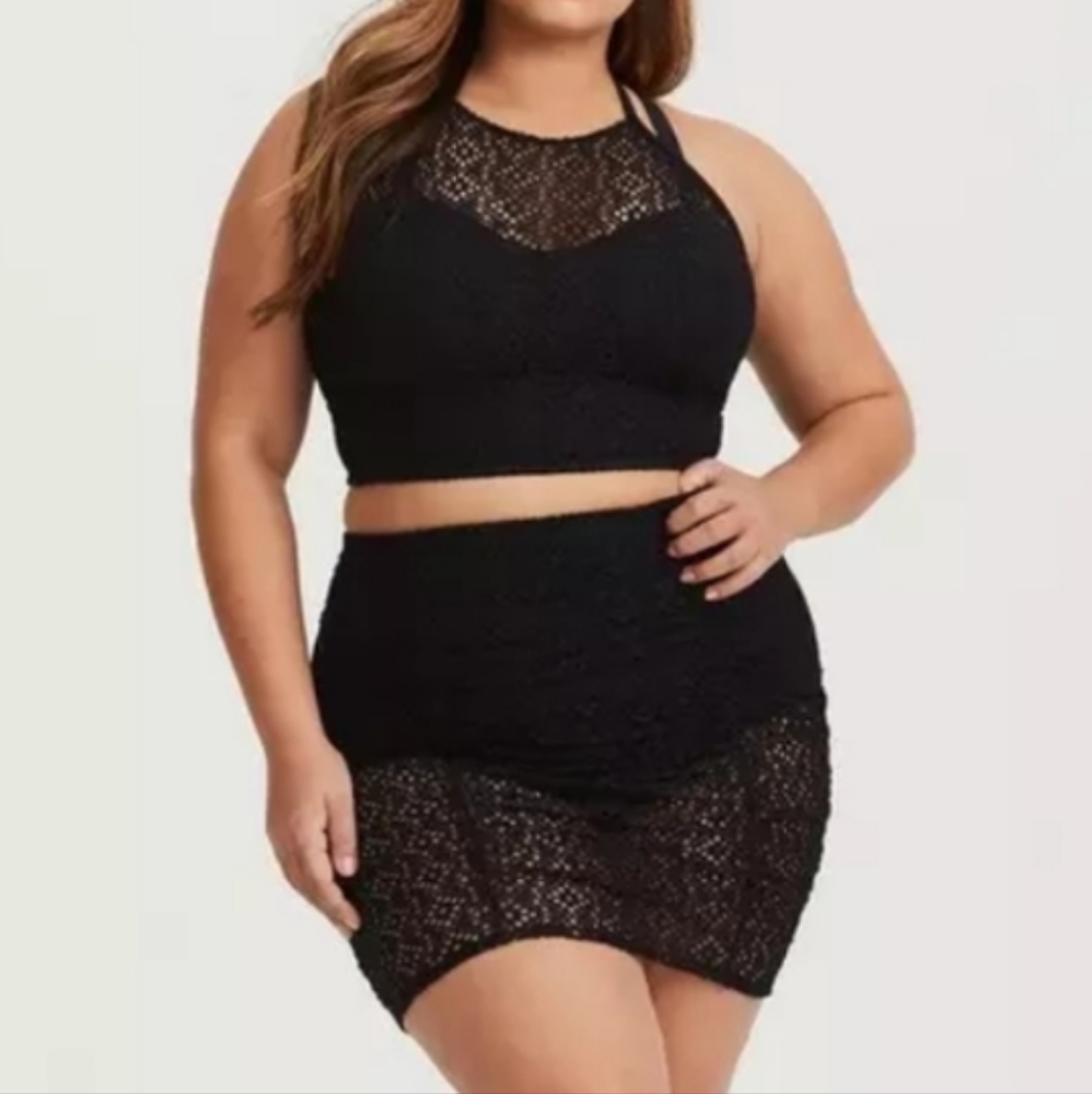Torrid Sz 1 Bikini Top & Skirted Swim Set Black Crochet Goth Boho 1X Plus